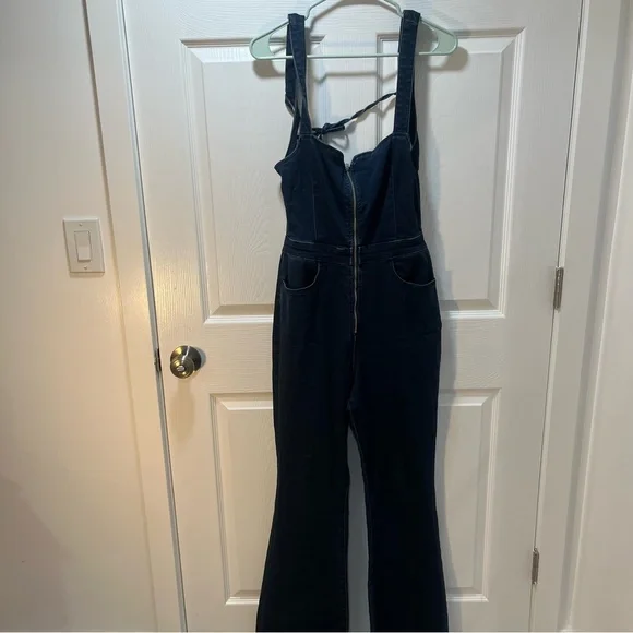 Free People CRVY 2nd Ave One Piece Denim Jumpsuit Backless Curvy Dark Wash 8 - Picture 2 of 12